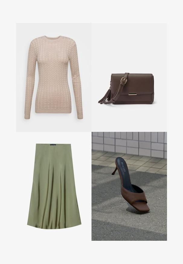 Pull beige à manches longues avec un motif texturé, doté d'un col rond et de poignets côtelés. Fabriqué dans un tissu doux et léger.; Jupe midi vert olive en tissu lisse, avec un design fluide et un éclat subtil, dotée d'une taille droite.; Mule marron à talon haut et bout ouvert avec le nom de la marque « RAID » sur la semelle intérieure, posée sur l'asphalte près d'un mur carrelé.; Sac bandoulière en simili cuir marron avec un rabat, quincaillerie dorée et détail de frange sur le côté. Bandoulière ajustable pour un port polyvalent.
