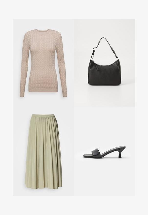 Suéter beige de manga larga con un patrón texturizado, que presenta un cuello redondo y puños acanalados. Fabricado en una tela suave y ligera.; Falda larga plisada en una suave tela verde claro. Presenta una cintura elástica y un diseño fluido, con pliegues uniformes en toda la prenda.; Mules negros con tacón, de parte superior de cuero mate y suave, puntera abierta, banda ancha en el empeine y tacón cuadrado y delgado.; Bolso de mano de cuero negro con forma curvada, una sola correa, cierre de cremallera y marcas sutiles en la parte frontal. Textura suave, diseño minimalista.