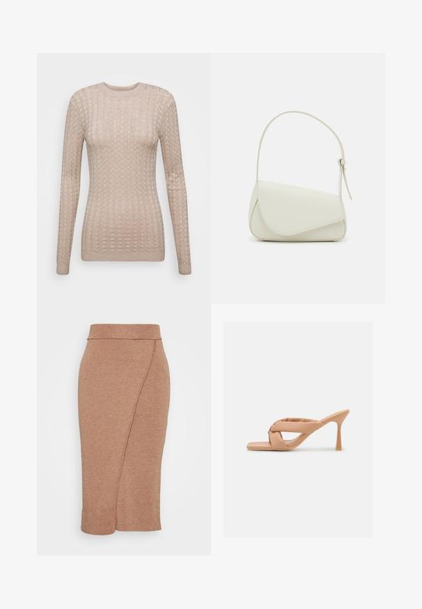 Suéter beige de manga larga con un patrón texturizado, que presenta un cuello redondo y puños acanalados. Fabricado en una tela suave y ligera.; VILA VIMARLA - Falda de tubo - toasted coconut melange; Glamorous Mules de tacón - camel; Bolso de mano de imitación cuero blanco con una forma triangular estructurada, correa ajustable única y cierre con solapa acentuada en curva.