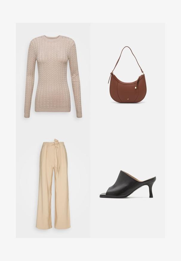 Suéter beige de manga larga con un patrón texturizado, que presenta un cuello redondo y puños acanalados. Fabricado en una tela suave y ligera.; Pantalones beige de pierna ancha en una tela suave, con un detalle de cintura atada y pliegues en la parte delantera para una forma estructurada.; Selected ASHLEY - Mules de tacón - black; Bolso de hombro de imitación cuero marrón con forma curva, costura mínima y un acento de hardware en tono dorado. Presenta un cierre de cremallera en la parte superior y una correa ajustable.