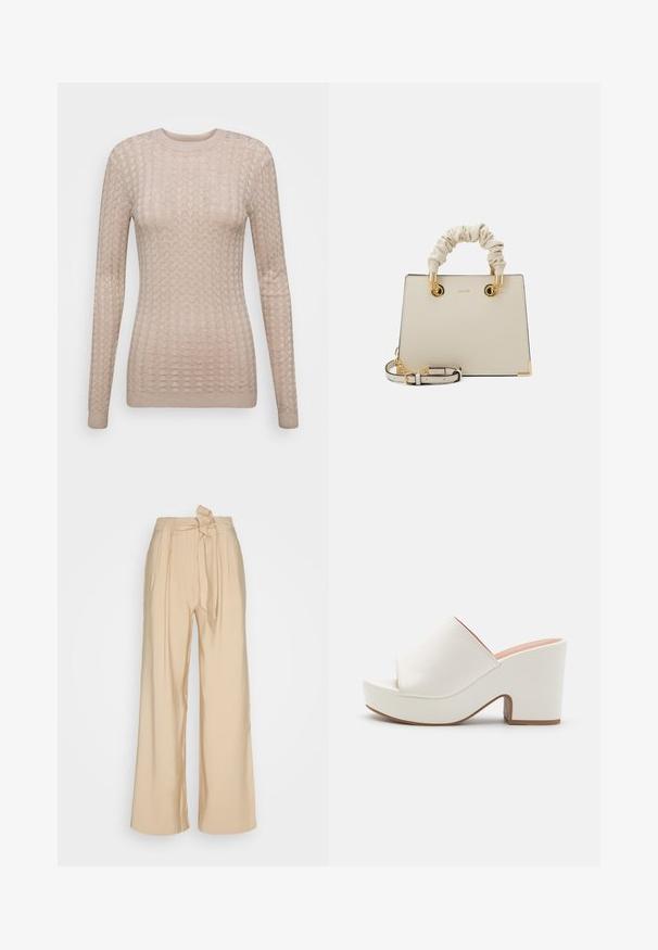 Pull beige à manches longues avec un motif texturé, doté d'un col rond et de poignets côtelés. Fabriqué dans un tissu doux et léger.; Pantalons beige à jambes larges en tissu lisse, avec un détail de taille nouée et des plis sur le devant pour une forme structurée.; Mules à plateforme blanches avec une finition lisse, un design ouvert à l'avant et un talon épais. Présentent une couture supérieure subtile et une semelle contrastante.; ALDO BILITHA - Sac à main - bone/gold-coloured