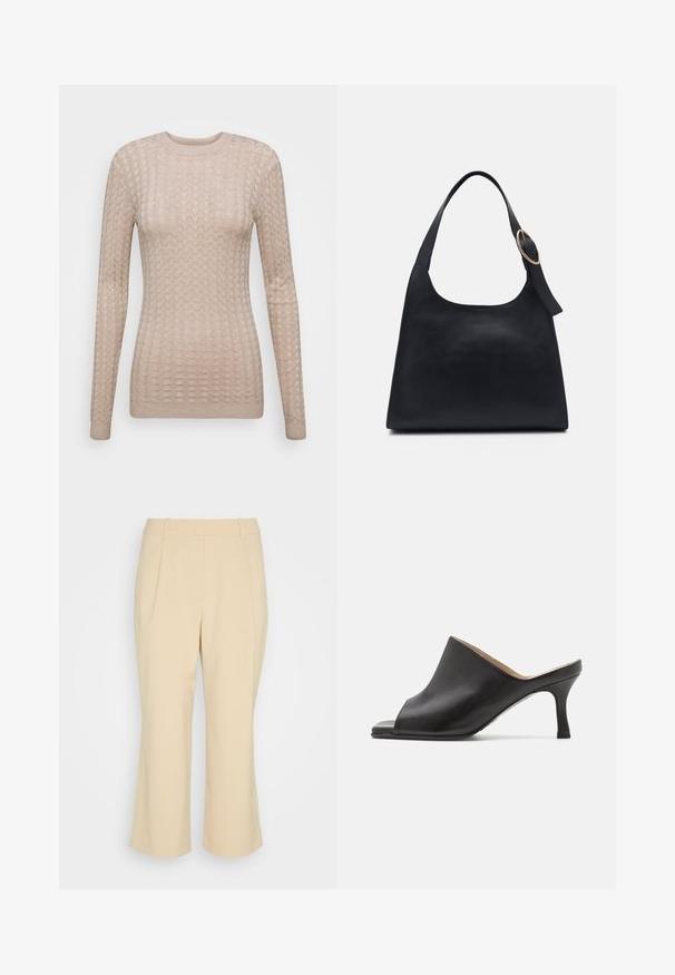 Pull beige à manches longues avec un motif texturé, doté d'un col rond et de poignets côtelés. Fabriqué dans un tissu doux et léger.; Esprit Collection PLEATED CULOTTE - Pantalon classique - sand; Selected ASHLEY - Mules à talons - black; Sac en cuir noir avec une texture lisse, un corps arrondi et une seule anse, ornée d'un accent en métal doré rond.