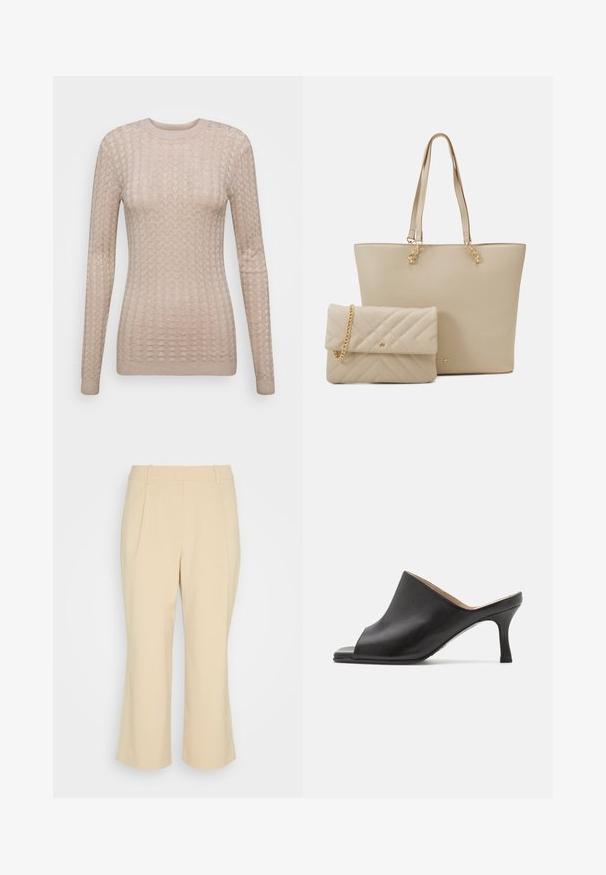 Suéter beige de manga larga con un patrón texturizado, que presenta un cuello redondo y puños acanalados. Fabricado en una tela suave y ligera.; Esprit Collection PLEATED CULOTTE - Pantalones - sand; Selected ASHLEY - Mules de tacón - black; Bolso de mano beige con asas planas, textura suave y herrajes dorados, acompañado de un clutch acolchado a juego con una cadena.