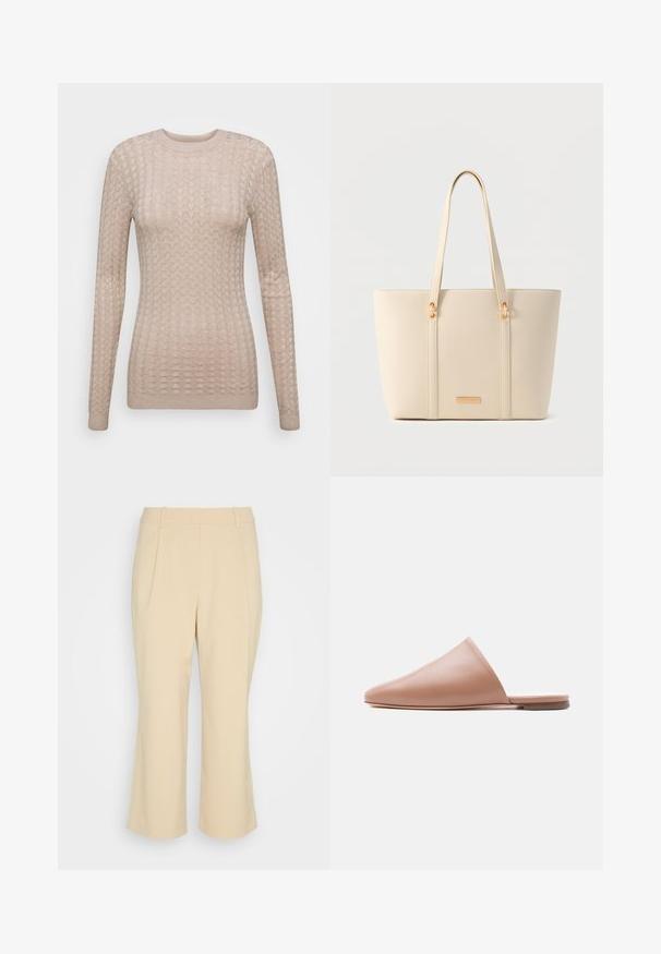 Pull beige à manches longues avec un motif texturé, doté d'un col rond et de poignets côtelés. Fabriqué dans un tissu doux et léger.; Esprit Collection PLEATED CULOTTE - Pantalon classique - sand; Mule en cuir beige, sans talon, à bout pointu et semelle plate, présenté en profil latéral sur un fond clair uni.; Sac fourre-tout texturé couleur crème, avec longues anses et détails métalliques dorés sur un fond neutre.