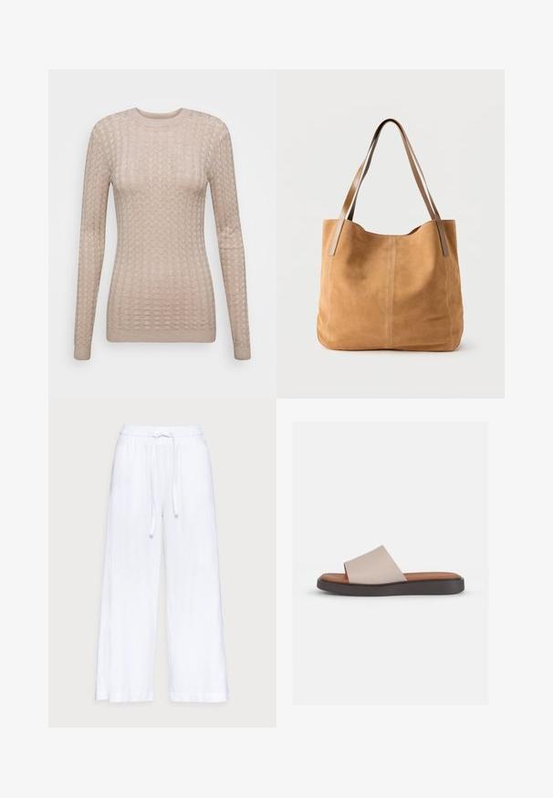 Suéter beige de manga larga con un patrón texturizado, que presenta un cuello redondo y puños acanalados. Fabricado en una tela suave y ligera.; Pantalones de lino blancos de pierna ancha con cintura elástica y cordón, textura suave y un corte holgado para mayor comodidad.; Sandalia deslizante beige con una correa ancha, plantilla contorneada color tostado y una suela de plataforma marrón oscuro. Textura suave, diseño sencillo.; Bolso tote de ante color bronceado con largas asas de cuero marrón claro, textura suave y costuras sencillas sobre un fondo blanco liso.