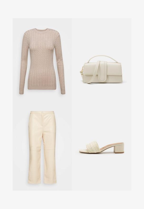 Beige langwerpige trui met een textuurpatroon, voorzien van een ronde halslijn en geribbelde manchetten. Gemaakt van een zachte, lichtgewicht stof.; Esprit Collection Broek - dusty nude; ALDO CLAUDINA - Muiltjes - white/bone; Crème-kleurige leren handtas met een rechthoekige vorm, platte handgreep en afneembare schouderband; heeft een voorklep met een magnetische sluiting.