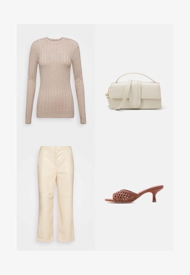 Suéter beige de manga larga con un patrón texturizado, que presenta un cuello redondo y puños acanalados. Fabricado en una tela suave y ligera.; Esprit Collection Pantalones - dusty nude; Mule marrón tejido con puntera abierta, tacón bajo tipo kitten de altura media y diseño slip-on sobre fondo blanco.; Bolso de mano de cuero color crema con forma rectangular, asa plana y correa desmontable; presenta un solapa frontal con cierre magnético.
