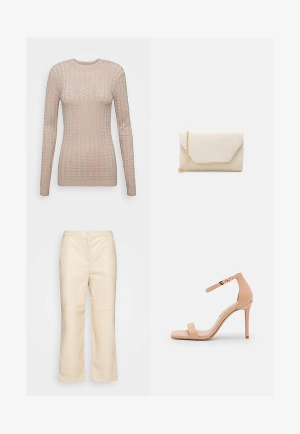 Pull beige à manches longues avec un motif texturé, doté d'un col rond et de poignets côtelés. Fabriqué dans un tissu doux et léger.; Esprit Collection Pantalon classique - dusty nude; Sandale à talons nud avec un bout carré, dotée d'une seule lanière pour les orteils et d'une lanière de cheville maintenue par une boucle en or. Texture en cuir lisse.; Pochette beige avec une texture lisse, une chaîne dorée et un rabat de style enveloppe avec un contour doré contrasté.