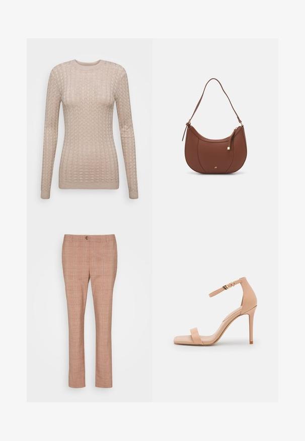 Suéter beige de manga larga con un patrón texturizado, que presenta un cuello redondo y puños acanalados. Fabricado en una tela suave y ligera.; Expresso PANTS 7/8 SLIT HEM - Pantalones - gravel; Sándalo de tacón alto en color nude con punta cuadrada, que cuenta con una sola tira en el dedo y una tira en el tobillo asegurada por una hebilla dorada. Textura de cuero suave.; Bolso de hombro de imitación cuero marrón con forma curva, costura mínima y un acento de hardware en tono dorado. Presenta un cierre de cremallera en la parte superior y una correa ajustable.