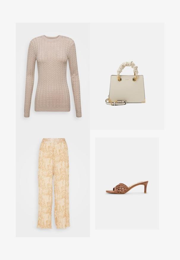 Pull beige à manches longues avec un motif texturé, doté d'un col rond et de poignets côtelés. Fabriqué dans un tissu doux et léger.; La Strada Unica CLEO 7/8 PLISSE PANT - Pantalon classique - sandshell/tobacco brown; Mule sandale à bout ouvert marron avec tige en cuir tressé et talon effilé de hauteur moyenne sur fond blanc.; ALDO BILITHA - Sac à main - bone/gold-coloured