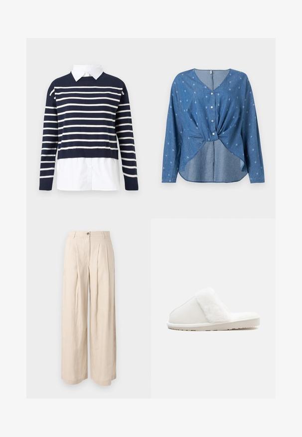Marineblå sweater med hvide vandrette striber, rund halsudskæring, cropped design og en hvid skjorte under. Struktureret strikket stof.; Blå langærmet skjortebluse med knapper og små hvide paisley-prints, der har en frontdetalje med twist og en V-hals.; Beige høj-taljede bukser med vide ben, forreste læg, bæltestropper og en knaplukning.; Hvid tøffel med en blød imitation pels-strop, filt overdel, polstret sål og en struktureret gummibund for godt greb. Enkel, afrundet design.