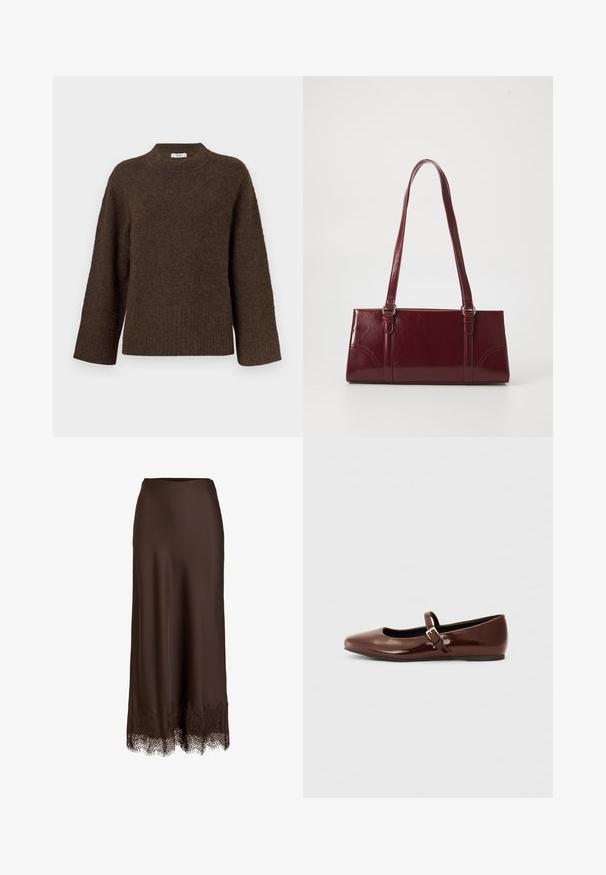 Jersey de punto marrón con un cuello alto, mangas anchas, dobladillo acanalado y una textura suave. Presenta un corte relajado y un diseño minimalista.; Falda larga marrón oscuro con cintura ajustada y delicado adorno de encaje en el dobladillo.; Bailarina de charol marrón con punta cuadrada y tira que presenta una pequeña hebilla dorada. Textura suave, tacón bajo y diseño minimalista.; Bolso burdeos hecho de material brillante, de forma rectangular, con dos asas para el hombro y sutiles acentos curvados en la parte frontal.