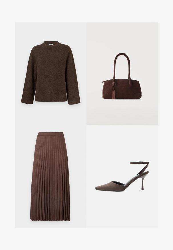 Bruine gebreide trui met een hoge hals, brede mouwen, geribbelde zoom en zachte textuur. Heeft een ontspannen pasvorm en een minimalistisch ontwerp.; Bruine plissé midi rok van textiel met een fitted tailleband en verticale plooien die van de taille tot de zoom lopen.; Bruine suède hoge hakken met spits toelopende neus, dunne enkelriem en zilveren gesp op een witte achtergrond.; Donkerbruine suède handtas met twee lange hengsels en een klein bevestigd label, tegen een effen lichte achtergrond.