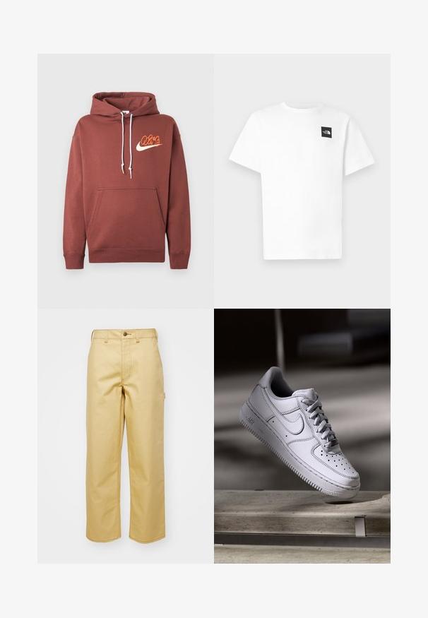 Brauner Hoodie aus Baumwolle. Mit einer vorderen Tasche, weißen Kordeln und einem Logo mit dem Text "Air" sowie einem Schwung in Orange und Creme.; Weißes Baumwoll-T-Shirt mit kurzen Ärmeln, auf der linken Brust mit einem schwarzen quadratischen Logo und einem Rundhalsausschnitt.; Beige, weit geschnittene Hose aus Baumwolle mit einem Knopfverschluss vorne, Gürtelschlaufen und Seitentaschen. Glatte Textur mit sichtbaren Nähdetails.; Weißer Nike Air Force 1 Sneaker aus Leder mit perforierter Zehenpartie, flachen Schnürsenkeln und strukturierter Gummisohle mit "AIR"-Branding an der Seite.