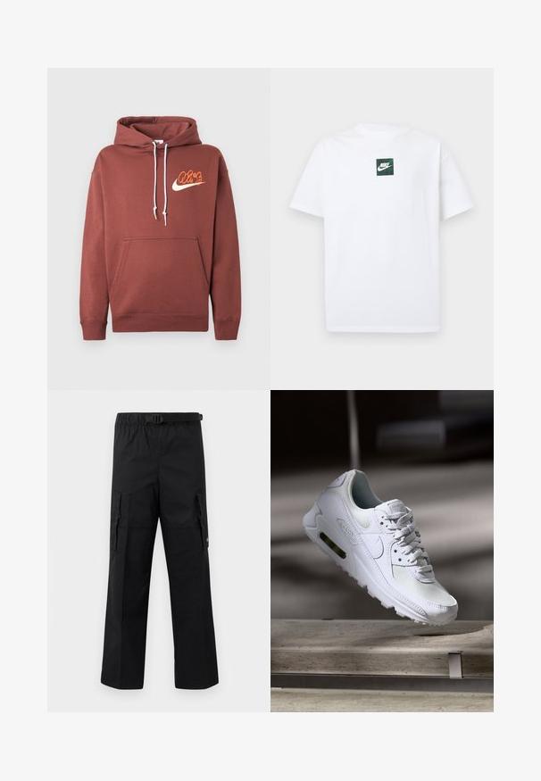 Bruine hoodie van katoen. Bevat een voorzak, witte trekkoorden en een logo met de tekst "Air" en een swoosh in oranje en crème.; Witte Nike T-shirt met korte mouwen en een klein groen vierkant logo met de Nike swoosh en tekst, gecentreerd op de borst.; Zwarte cargobroek met een wijde pasvorm, een verstelbare tailleband met een gesp en twee zijzakken voor opslag. Lichtgewicht stof.; Witte Nike Air Max 90 sneaker met een bovenwerk van mesh en leer, een geperforeerde teenbox en een zichtbare luchtunit in de hiel.