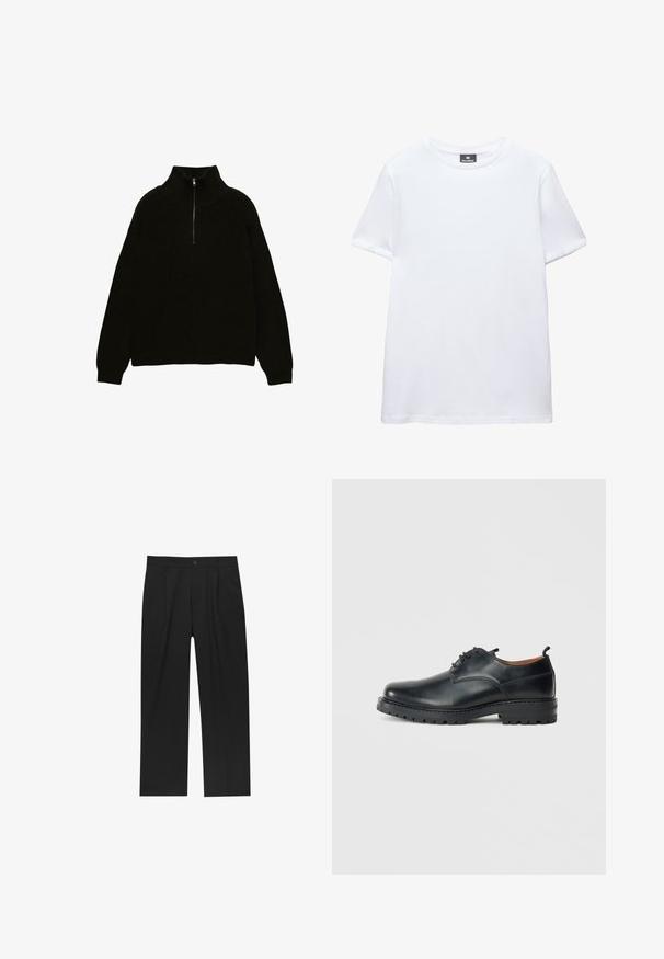 Zwarte gebreide trui met hoge kraag en kwart-ritssluiting. Kenmerkt zich door ribbels en een ontspannen pasvorm met verlaagde schouders.; Effen wit kortärmelig katoenen T-shirt met ronde hals en zwart Pull&Bear merklabel binnenin de kraag.; Zwarte broeken met een recht model, gemaakt van een gladde stof. Voorzien van een voorplooien en een enkele knoopsluiting bij de taille.; Zwarte leren derby schoenen met een gladde textuur, ronde neus, vetersluiting en een dikke, robuuste rubberen zool.