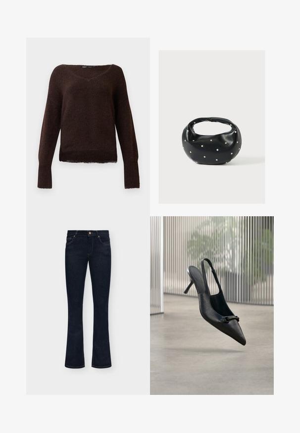Pull en tricot fuzzy marron foncé avec un col en V, des manches longues et des poignets côtelés sur un fond blanc uni.; Jean en denim bleu foncé avec une taille mi-haute, un bouton sur le devant et un léger évasement en bas sur un fond uni.; Chaussure à talon haut à bride arrière en cuir noir texturé avec un bout pointu et une petite boucle décorative, flottant au-dessus d'un sol lisse.; Sac à main en cuir noir de forme arrondie, décoré de clous argentés et équipé d'une poignée courte. Texture lisse et fermeture éclair.
