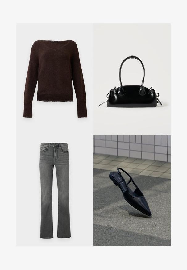 Σκούρος καφέ fuzzy πλεκτός σ sweater με V λαιμό, μακριά μανίκια και ριμπ τελειώματα σε λευκό φόντο.; Ανοιχτό παντελόνι σε σκούρο γκρι τζιν με ψηλή μέση, πέντε τσέπες και κλείσιμο με ένα κουμπί. Λείος υφασμάτινος σκελετός με ελαφριά φθορά.; Μαύρο μυτερό μπαλαρίνα παπούτσι με λουρί πίσω, αιωρείται πάνω από μια επιφάνεια από άσφαλτο δίπλα σε πλακόστρωτο πεζοδρόμιο.; Μικρή μαύρη γυαλιστερή τσάντα με δύο μακριές λαβές και λεπτομέρειες με ρυθμιζόμενο κορδόνι στο πλάι σε απλό ανοιχτό φόντο.