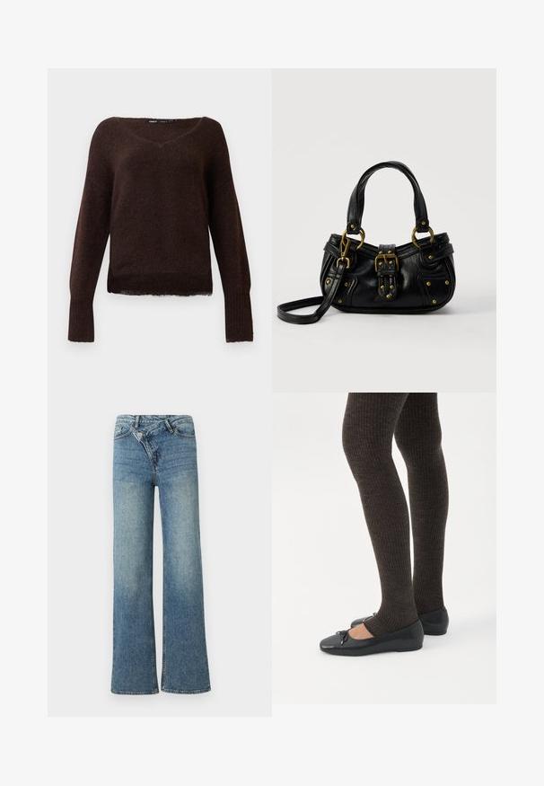 Donkerbruin bont gebreid trui met V-hals, lange mouwen en geribbelde manchetten op een effen witte achtergrond.; Lichtblauwe denim wijduitlopende jeans met een hoge taille, lichte vervaging en een knoopsluiting aan de voorkant. Voorzien van vijf zakken en minimale stiksels.; Benen met donkere geribbelde leggings gecombineerd met zwarte ballerina's met kleine strikdetails op een witte achtergrond.; Zwarte leren handtas met gouden gesp en klinknagel details, korte handvatten en een verstelbare schouderriem op een effen witte achtergrond.