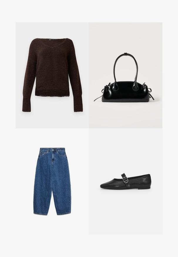 Donkerbruin bont gebreid trui met V-hals, lange mouwen en geribbelde manchetten op een effen witte achtergrond.; Blauwe denim jeans met een hoge taille, een ontspannen pasvorm en rechte pijpen. Klassiek ontwerp met vijf zakken en een ritssluiting met knoop.; Zwarte leren platte schoen met een ronde neus, een enkele verstelbare gespsluiting en een gladde, glanzende textuur. Minimalistisch ontwerp met een lage hak.; Kleine zwarte glanzende handtas met twee lange hengsels en zijkant trekkoord details op een effen lichte achtergrond.