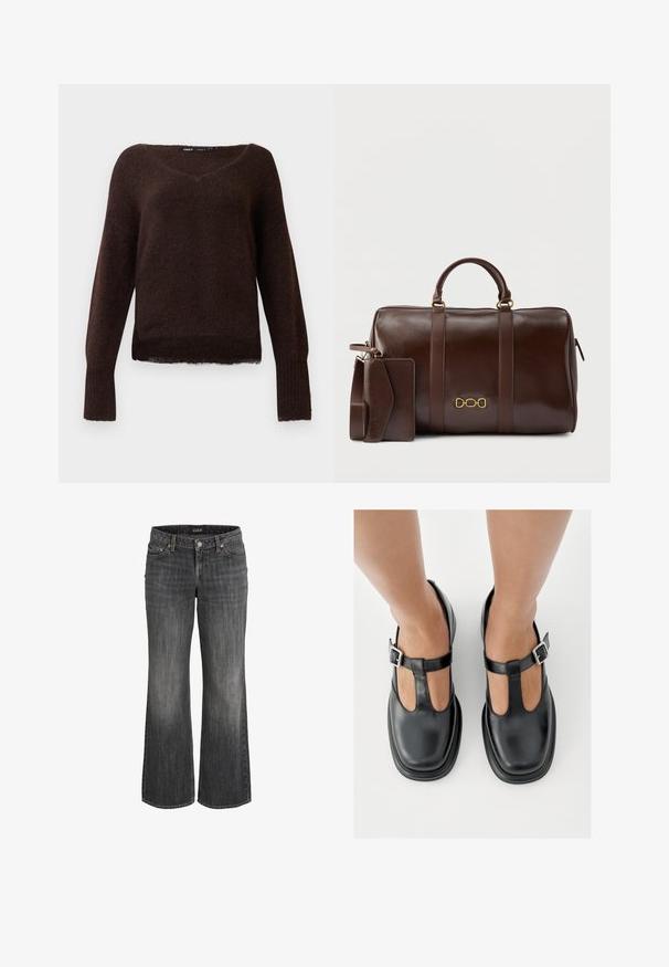 Donkerbruin bont gebreid trui met V-hals, lange mouwen en geribbelde manchetten op een effen witte achtergrond.; Zwart vervaagde denim jeans met rechte pijpen, voorzien van een knoopsluiting aan de voorkant, riemlussen en een ontwerp met vijf zakken.; Zwarte leren schoenen met een T-bandontwerp, gesloten teensluiting en zilverkleurige gespdetails. Glad oppervlak met een ronde neus en platte zool.; Donkerbruine leren duffeltas met dubbele handvatten, een gouden kettingembleem en een bijpassend leren bagagelabel en riem eraan bevestigd.