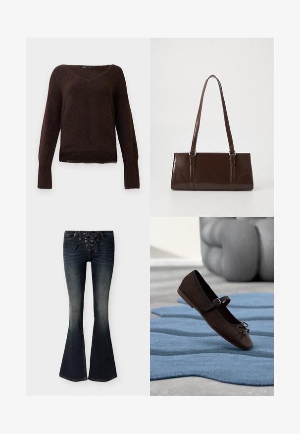 Dunkelbrauner, fuzziger Strickpullover mit V-Ausschnitt, langen Ärmeln und gerippten Bündchen auf einem schlichten weißen Hintergrund.; Dunkelblau gefärbte Denim-Flared-Jeans mit vorderer Schnürung und dezenten Verblassungen an Oberschenkeln und Knien.; Dunkelbrauner Mary-Jane-Flachschuh mit Schnalle und Schleifendetail, der auf einem welligen, blauen strukturierten Teppich liegt, im Hintergrund ein graues Polstersofa.; Braune Lackleder-Handtasche in rechteckiger Form, mit zwei langen Griffen und subtilen, geschwungenen Akzenten auf der Vorderseite.