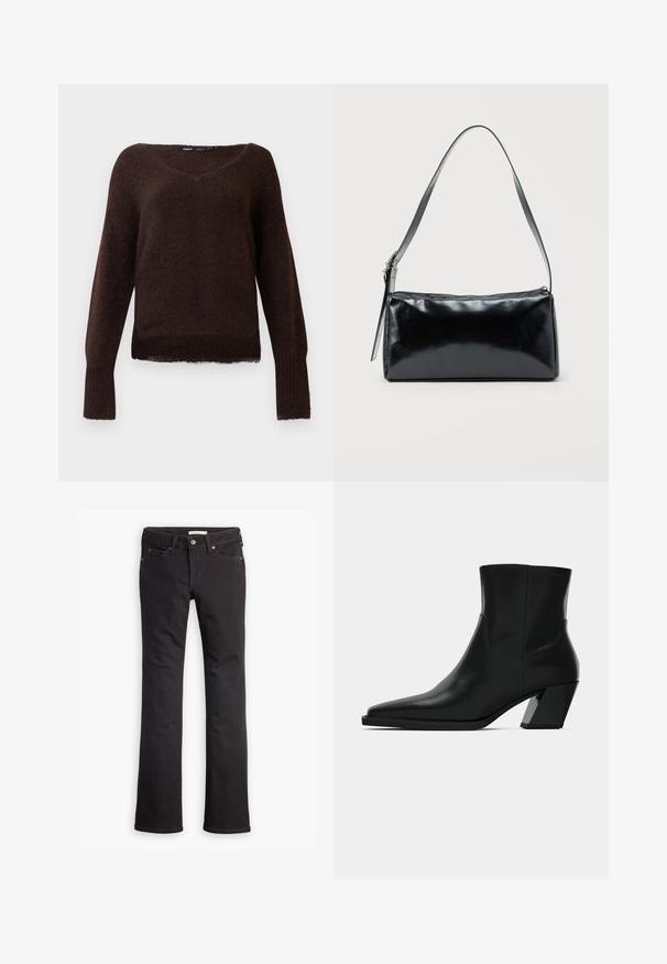 Dunkelbrauner, fuzziger Strickpullover mit V-Ausschnitt, langen Ärmeln und gerippten Bündchen auf einem schlichten weißen Hintergrund.; Schwarze Jeans aus Denim mit geradem Bein, normaler Taille, fünf Taschen und dezenten Steppdetails.; Schwarze Leder-Stiefelette mit spitzem Zeh, schlanker Silhouette und klobigem quadratischem Absatz. Glatte Textur mit minimalen Nähdetails.; Schwarze rechteckige Schultertasche mit einem verstellbaren Riemen und einem oberen Reißverschluss vor einfachem Hintergrund.