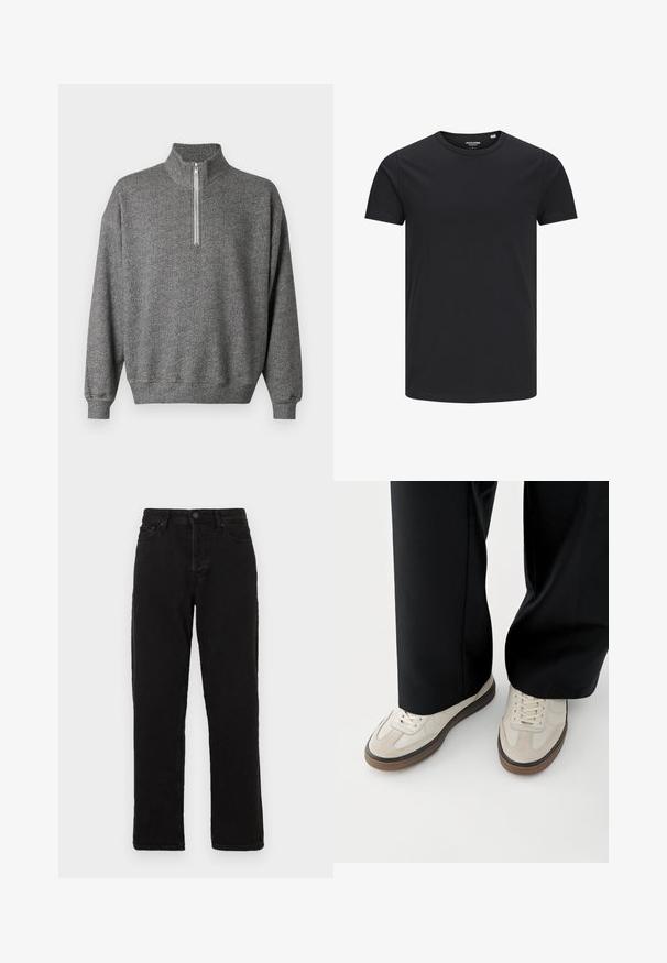 Sweat-shirt gris à chevrons avec col montant et fermeture éclair à quart. Comprend des poignets et un ourlet côtelés pour une finition texturée.; T-shirt en coton noir avec un col rond, des manches courtes et un design simple. Texture lisse, sans motifs ni éléments visibles.; Jeans en denim noir avec une coupe droite, dotés d'une fermeture à bouton, de passants de ceinture et d'un style à cinq poches classique.; Pieds portant des baskets beige avec des semelles marron et un pantalon noir à jambes larges sur fond blanc.