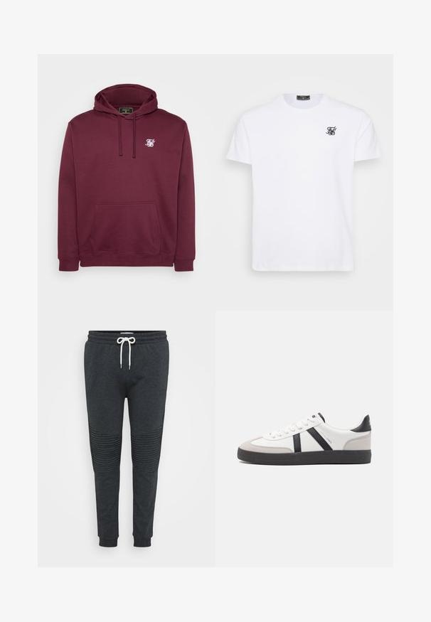 Bordeaux capuchon sweatshirt van zachte stof, met een voorkantzak en een klein wit logo op de borst. Lange mouwen en geribbelde manchetten.; Witte katoenen t-shirt met een ronde hals. Heeft een klein zwart geborduurd logo op de borst. Korte mouwen en een recht model.; Donkergrijze joggingbroek met witte trekkoorden, geribbelde kniedetails, elastische tailleband en cuffed enkels tegen een effen achtergrond.; Witte sneaker met zwarte en grijze accenten, voorzien van een grijze neus met textuur, zwarte rubberen zool en platte witte veters. Schoon ontwerp, minimalistische stijl.