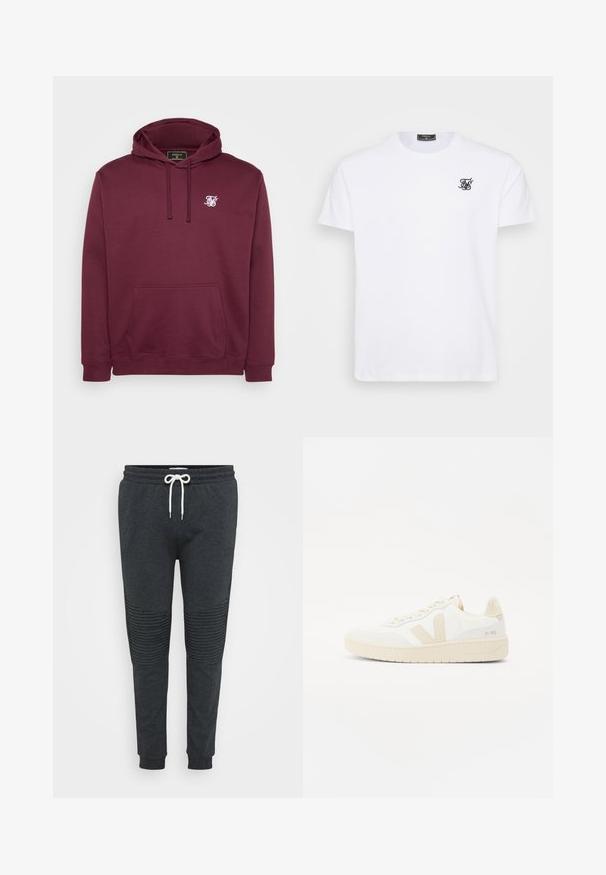Bordeaux capuchon sweatshirt van zachte stof, met een voorkantzak en een klein wit logo op de borst. Lange mouwen en geribbelde manchetten.; Witte katoenen t-shirt met een ronde hals. Heeft een klein zwart geborduurd logo op de borst. Korte mouwen en een recht model.; Donkergrijze joggingbroek met witte trekkoorden, geribbelde kniedetails, elastische tailleband en cuffed enkels tegen een effen achtergrond.; Witte sneaker met beige accenten, voorzien van een gestructureerde bovenkant, ronde neus en een dikke rubberen zool. Het ontwerp bevat het iconische V-logo en merkbranding.
