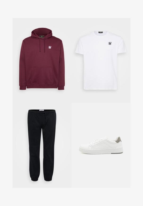 Sweatshirt à capuche bordeaux en tissu doux, avec une poche frontale et un petit logo blanc sur la poitrine. Manches longues et poignets côtelés.; T-shirt en coton blanc avec un col rond. Présente un petit logo brodé noir sur la poitrine. Manches courtes et coupe droite.; Pantalons de survêtement noirs en coton doux avec une taille élastique et un cordon de serrage. Comprend des poignets élastiques et des poches latérales pour plus de praticité.; Basket blanche en cuir lisse, à bout arrondi, design minimaliste, accent de talon gris et semelle en caoutchouc texturé.