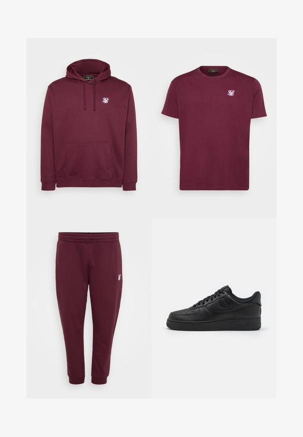 Bordeaux capuchon sweatshirt van zachte stof, met een voorkantzak en een klein wit logo op de borst. Lange mouwen en geribbelde manchetten.; Bordeaux katoenen t-shirt met een ronde hals, korte mouwen en een klein wit logo op de linkerborst. Soepele textuur en een klassieke pasvorm.; Bordeaux sweatpants van zachte stof, met een elastische tailleband, gebreide enkels en een klein geborduurd logo op de linkerdij.; Nike Sportswear AIR FORCE 1 07 FLYEASE - Sneakers laag - black