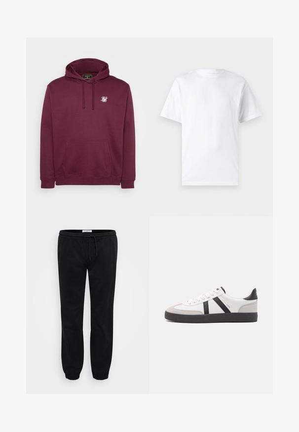 Burgundia kapuutsweater, mis on valmistatud pehmest kangast, esiküljel tasku ja väike valge logo rinnal. Pikad varrukad ja soonikkoes mansetid.; Valge lühikeste varrukatega T-paita, mis on valmistatud puuvillast, laheda kaelusega. T-särk on sileda tekstuuri ja lihtsa disainiga, ilma mustrite või aksessuaarideta.; Mustad mustad mustad, mis on valmistatud pehmest puuvillast, elastse vöökoha ja paelaga. Omab elastseid mansette ja küljetaskuid praktiliseks kasutamiseks.; Valged tossud mustade ja hallide aktsentidega, tekstureeritud halli varbakattega, musta kummitald ja lamedad valged paelad. Puhtad jooned, minimalistlik stiil.