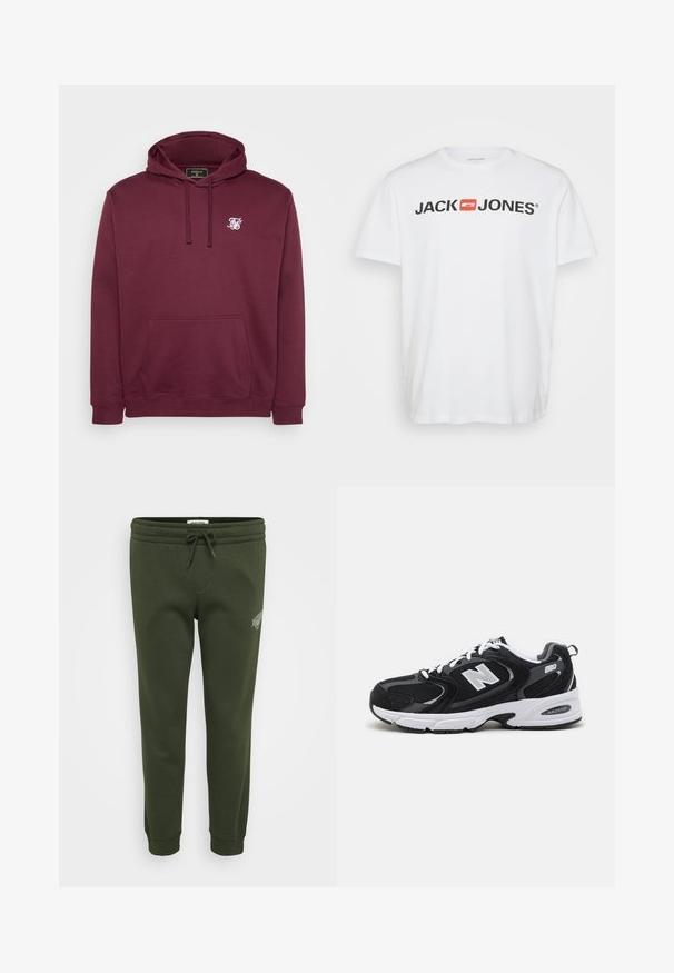 Bordeaux capuchon sweatshirt van zachte stof, met een voorkantzak en een klein wit logo op de borst. Lange mouwen en geribbelde manchetten.; Witte katoenen t-shirt met het "JACK & JONES" logo in zwart en een rode rechthoekige accent. Korte mouwen en ronde hals. Gladde textuur.; Olijf groene sweatpants van een zachte katoenmix, met een elastische tailleband met koord en ribgebreide manchetten bij de enkels.; Zwarte en grijze sport schoenen met een bovenwerk van mesh en suede, voorzien van een witte tussenzool, veters en een gedurfde "N"-logo aan de zijkant.