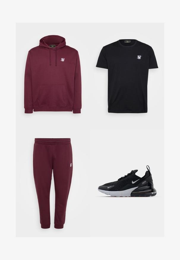 Sweatshirt à capuche bordeaux en tissu doux, avec une poche frontale et un petit logo blanc sur la poitrine. Manches longues et poignets côtelés.; T-shirt en coton noir à manches courtes, col rond et petit logo brodé blanc sur la poitrine gauche. Design simple et classique.; Pantalons de survêtement bordeaux en tissu doux, avec une taille élastique, des chevilles resserrées et un petit logo brodé sur la cuisse gauche.; Chaussure de sport noire avec tige en mesh, semelle intermédiaire blanche et amorti visible dans le talon. Design élégant avec de subtils accents argentés.