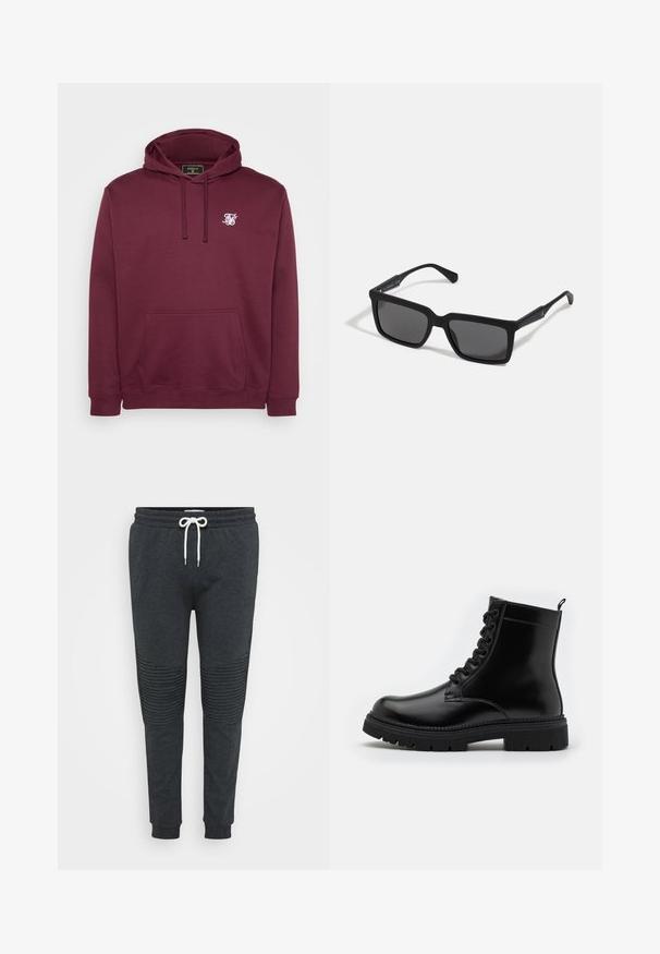 Bordeaux capuchon sweatshirt van zachte stof, met een voorkantzak en een klein wit logo op de borst. Lange mouwen en geribbelde manchetten.; Donkergrijze joggingbroek met witte trekkoorden, geribbelde kniedetails, elastische tailleband en cuffed enkels tegen een effen achtergrond.; Zwarte leren enkellaars met een ronde neus, vetersluiting, geprofileerde buitenzool en een trekband aan de achterkant voor gemakkelijk aan- en uittrekken.; Zwarte zonnebril met rechthoekige lenzen, matte afwerking, dikke montuur en slanke veren met subtiele merkaanduiding.