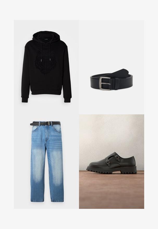 Sort hættetrøje lavet af blødt stof med et hævet løvegrafik i midten. Inkluderer en hætte med snoretræk og ribbede manchetter.; Lys blå denim jeans med lige ben, udstyret med et sort bælte, falmede pletter og subtil diagonalt mønster i den øverste sektion.; Sort lædersko med dobbelte spænderemme, rundet tå og tekstureret, tyk gummisål. Minimalistisk design med kontrasterende blåt indre.; Sorte læderbælte med en spænde i sølvmetal, der har en glat overflade og et klassisk design. Bæltet er rullet op med enden pegende.