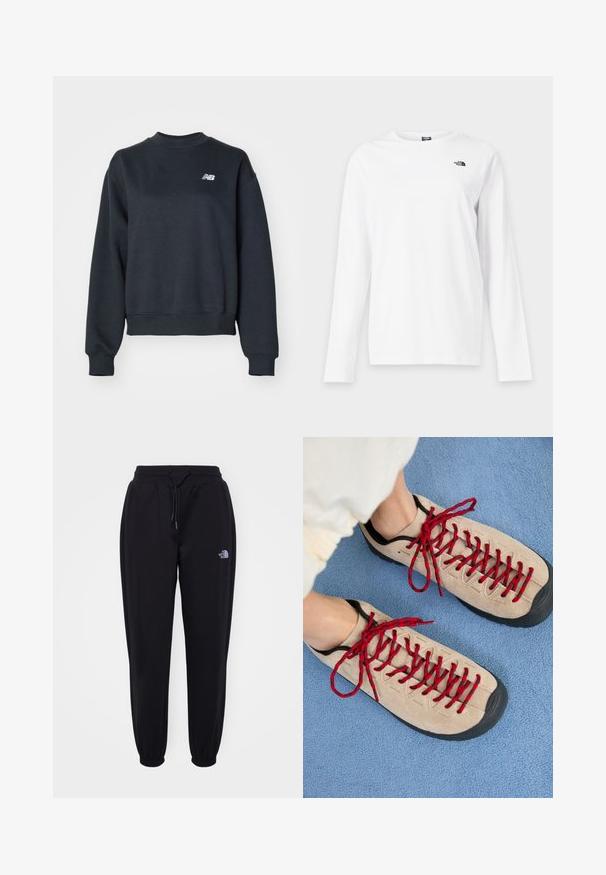 Tumehall hallide käeaukudega dress, mis on valmistatud puuvillasegistusega kangast. Omab ribatrepid kaelas ja mansetides, ning rinna peal on väike valge logo.; Valge pika varrukaga ümara kaelusega särk, millel vasakul rinnal väike must The North Face logo.; Mustad musta värvi jooksupüksid elastse vöökoha ja mansettidega, stringi sidumise võimalus, küljetaskud ja väike valge The North Face logo paremal reiel.; Beezhikirid punased nööridega, paigutatud sinisele tekstureeritud pinnale, osaliselt paljastavad inimese pahkluu. Kingad on sportliku disainiga.