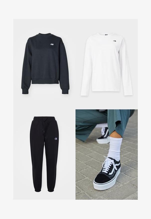 Dunkelgrauer Rundhalsausschnitt-Pullover aus Baumwollmischgewebe. Verfügt über einen gerippten Nacken und Bündchen und hat ein kleines weißes Logo auf der Brust.; Weißes Langarmshirt mit Rundhalsausschnitt und kleinem schwarzem The North Face-Logo auf der linken Brust.; Schwarze Jogginghose mit elastischem Bund und Bündchen, Kordelzug, seitlichen Taschen und kleinem weißen The North Face-Logo am rechten Oberschenkel.; Schwarze Wildledersneaker mit weißen Akzenten und Schnürsenkeln, ausgestattet mit einer dicken weißen Sohle und kontrastierenden Nähten, kombiniert mit einer weißen Socke.
