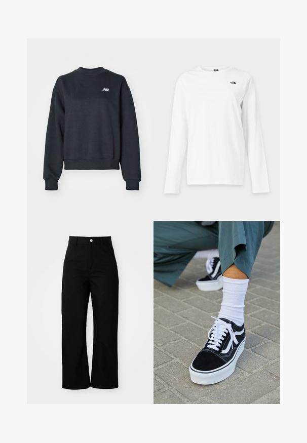 Tumehall hallide käeaukudega dress, mis on valmistatud puuvillasegistusega kangast. Omab ribatrepid kaelas ja mansetides, ning rinna peal on väike valge logo.; Valge pika varrukaga ümara kaelusega särk, millel vasakul rinnal väike must The North Face logo.; Mustad kõrge vöökohaga sirged püksid eesmine taskutega, vöölukud ja hõbedane nupu sulgemine valgel taustal.; Mustjad sametist tennisjalanõud valgete aktsentide ja nööridega, millel on paks valge tald ja kontrastsed õmblused, koos valge sokiga.