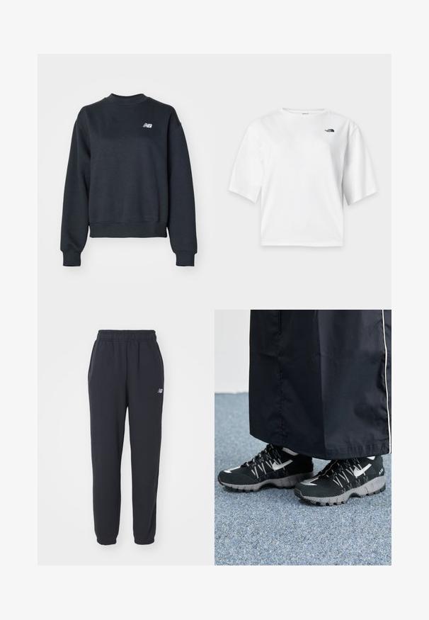 Mørkegrå crewneck sweatshirt lavet af en bomuldsblanding. Har ribbenhalsudskæring og manchetter samt et lille hvidt logo på brystet.; Hvid T-shirt med korte ærmer og rund hals med The North Face-logo i sort på venstre bryst.; Sorte sweatpants med elastisk talje, to sidelommer og et lille hvidt logo på venstre hofte. Fremstillet af blødt stof med en glat overflade.; Sorte sportsko med en struktureret overdel, sølvdetaljer og en mønstret ydersål, parret med et langt sort plagg. Sat mod blå tæpper.