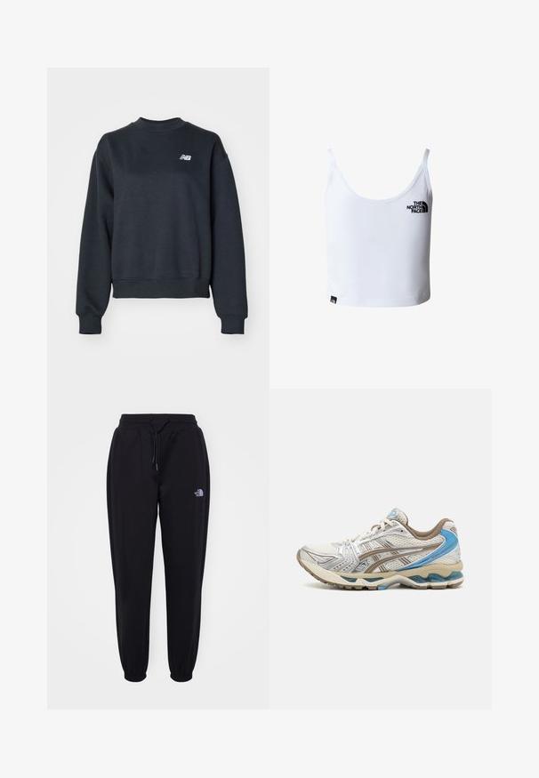 Mørkegrå crewneck sweatshirt lavet af en bomuldsblanding. Har ribbenhalsudskæring og manchetter samt et lille hvidt logo på brystet.; Hvid croppet tanktop med tynde stropper, med The North Face-logo i sort på brystet og nær den nederste kant.; Sorte joggingbukser med elastisk talje og manchetter, snoretræk, sidelommer og lille hvid The North Face-logo på højre lår.; Hvid og beige løbesko med blå accenter, netoverdel, polstret sål og snørelukning, vist fra ydersiden.