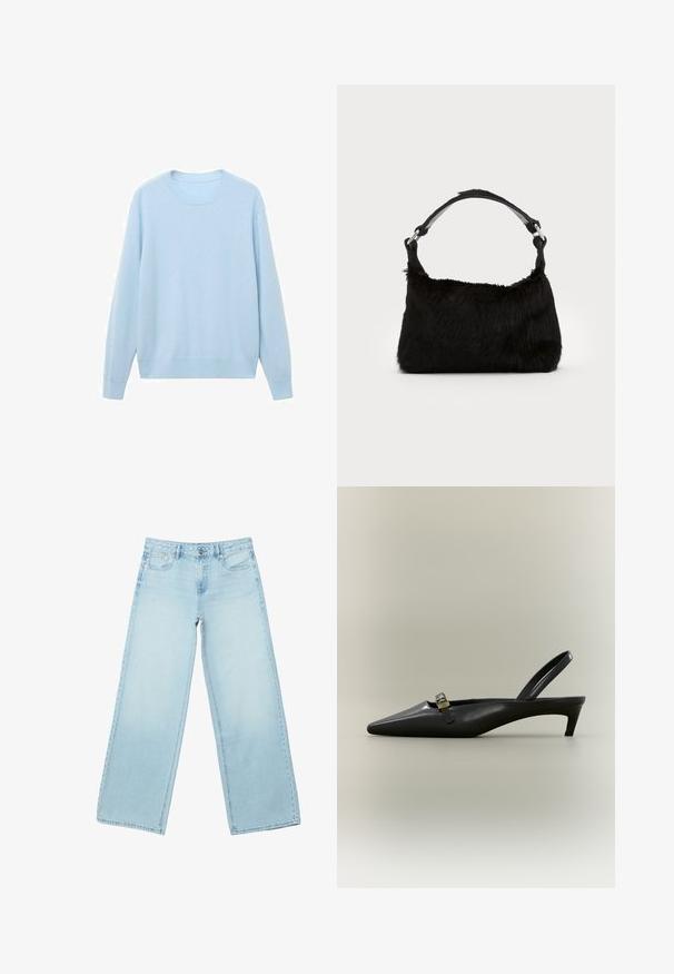 Lyseblå sweater lavet af blødt stof, med rund hals, lange ærmer og ribbede manchetter og kant. Glat tekstur, afslappet design.; Lyseblå jeans med brede ben, forlommer, bæltestropper og knaplukning, vist fladt mod en hvid baggrund.; Sort læder slingback med kitten heel, spids tå og lille guldfarvet spænde på en ensfarvet baggrund.; Sort faux fur håndtaske med en blød tekstur, rund form og en robust skulderrem i sort læder. Synlige sølvhardware-detaljer.