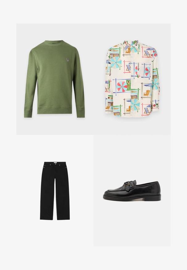 Sweat-shirt uni vert olive à manches longues et col rond avec un petit logo zèbre multicolore sur la poitrine gauche.; Chemise à manches courtes avec boutons en tissu léger, ornée d'un imprimé coloré représentant une scène de plage avec des parapluies, des chaises et des baigneurs.; Jeans en denim noir avec une coupe droite, design à cinq poches et quincaillerie en ton argenté. Présente un tissu texturé et un style minimaliste.; Mocassins en cuir noir avec un bout arrondi et une boucle décorative. Talon plat, solide et texture lisse sur l'ensemble.