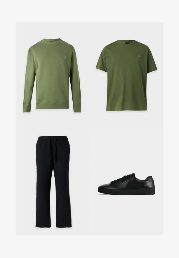 Sweat-shirt uni vert olive à manches longues et col rond avec un petit logo zèbre multicolore sur la poitrine gauche.; T-shirt vert olive uni à manches courtes avec un petit logo zèbre multicolore sur la poitrine gauche sur un fond clair.; Pantalon de jogging noir à coupe droite avec taille élastique et cordons noirs, présenté sur un fond gris clair uni.; Basket basse en cuir noir avec lacets noirs et semelle épaisse noire, vue de profil sur fond gris clair.