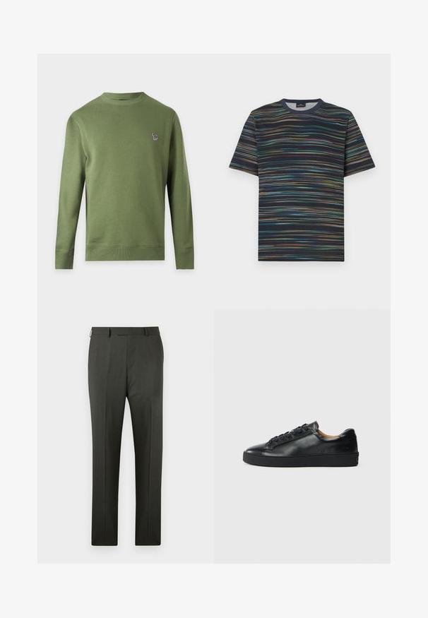 Sweat-shirt uni vert olive à manches longues et col rond avec un petit logo zèbre multicolore sur la poitrine gauche.; T-shirt manches courtes en coton, avec une base bleu marine et des rayures horizontales multicolores, col rond.; Pantalon de costume pour homme sur mesure gris foncé avec passants de ceinture et pli avant, présenté sur fond blanc.; Baskets en cuir noir avec une texture lisse, bout rond et fermeture à lacets. Comprend une semelle en caoutchouc épaisse et un minimum de détails de marque.