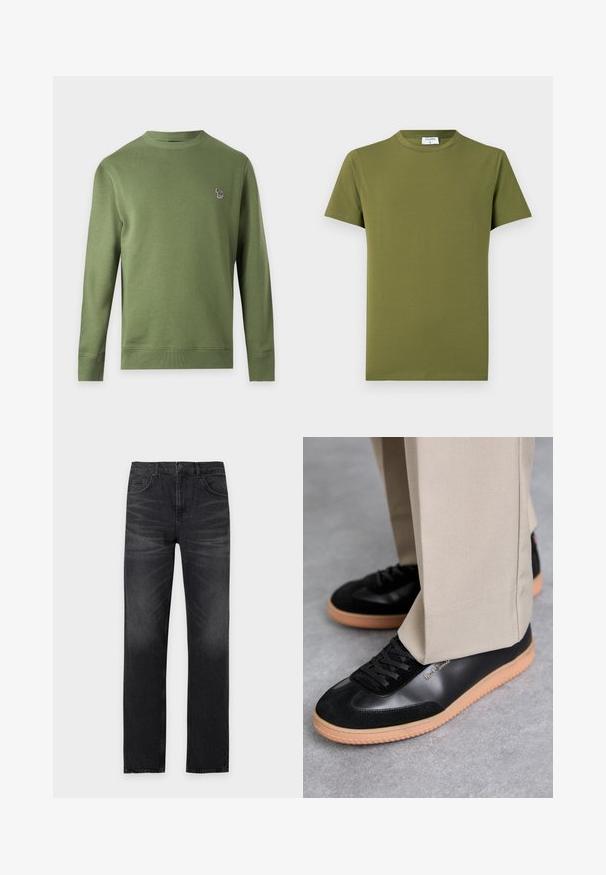 Sweat-shirt uni vert olive à manches longues et col rond avec un petit logo zèbre multicolore sur la poitrine gauche.; T-shirt manches courtes de couleur vert olive, fabriqué en tissu doux et lisse. Col rond classique, lignes épurées, sans motifs ni accents visibles.; Jean noir à jambes droites avec poches avant, passants de ceinture et détails subtilement délavés sur les cuisses.; Paul Smith COMO - Baskets basses - black
