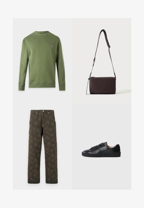 Sweat-shirt uni vert olive à manches longues et col rond avec un petit logo zèbre multicolore sur la poitrine gauche.; Pantalons vert foncé avec un imprimé floral subtil, boutons à l'avant, poches et ourlets retroussés.; Baskets en cuir noir avec une texture lisse, bout rond et fermeture à lacets. Comprend une semelle en caoutchouc épaisse et un minimum de détails de marque.; Sac bandoulière en cuir marron foncé texturé avec une sangle réglable et un petit accent décoratif bleu sur le côté.