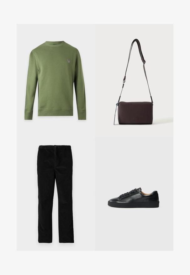 Sweat-shirt uni vert olive à manches longues et col rond avec un petit logo zèbre multicolore sur la poitrine gauche.; Pantalons en velours noirs à jambes droites avec une taille élastique et un cordon de serrage à l'avant, présentés sur un fond blanc uni.; Baskets en cuir noir avec une texture lisse, bout rond et fermeture à lacets. Comprend une semelle en caoutchouc épaisse et un minimum de détails de marque.; Sac bandoulière en cuir marron foncé texturé avec une sangle réglable et un petit accent décoratif bleu sur le côté.