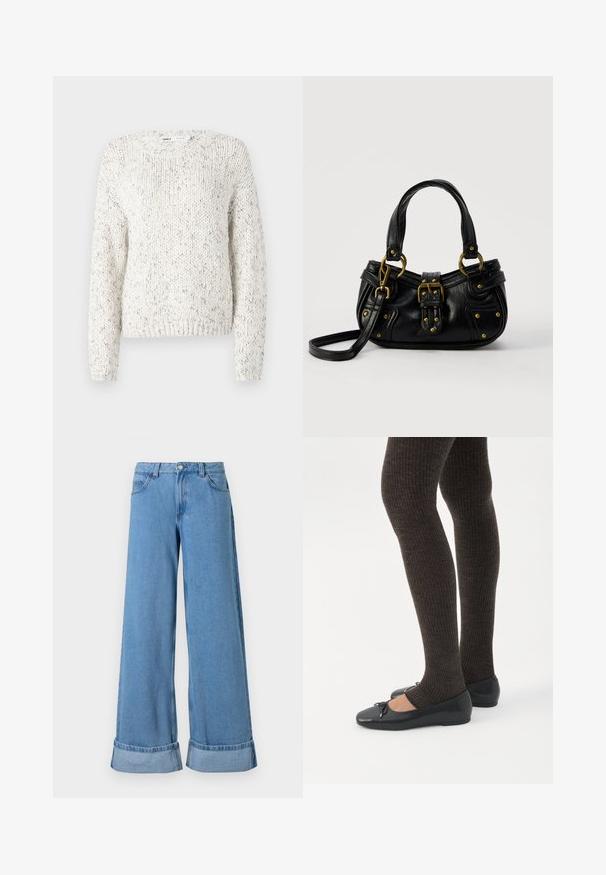 Pull en tricot blanc avec un motif texturé, encolure ronde large et manches longues. Ourlet et poignets côtelés, avec de délicates touches multicolores.; Jean en denim bleu clair à jambes larges avec une taille haute, des poignets roulés, un design à cinq poches et une fermeture à bouton avec un zip.; Jambes portant des leggings côtelés foncés associés à des ballerines noires avec de petits détails en nœud sur fond blanc.; Sac à main en cuir noir avec boucle dorée et détails à rivets, poignées courtes et bandoulière réglable sur fond blanc uni.
